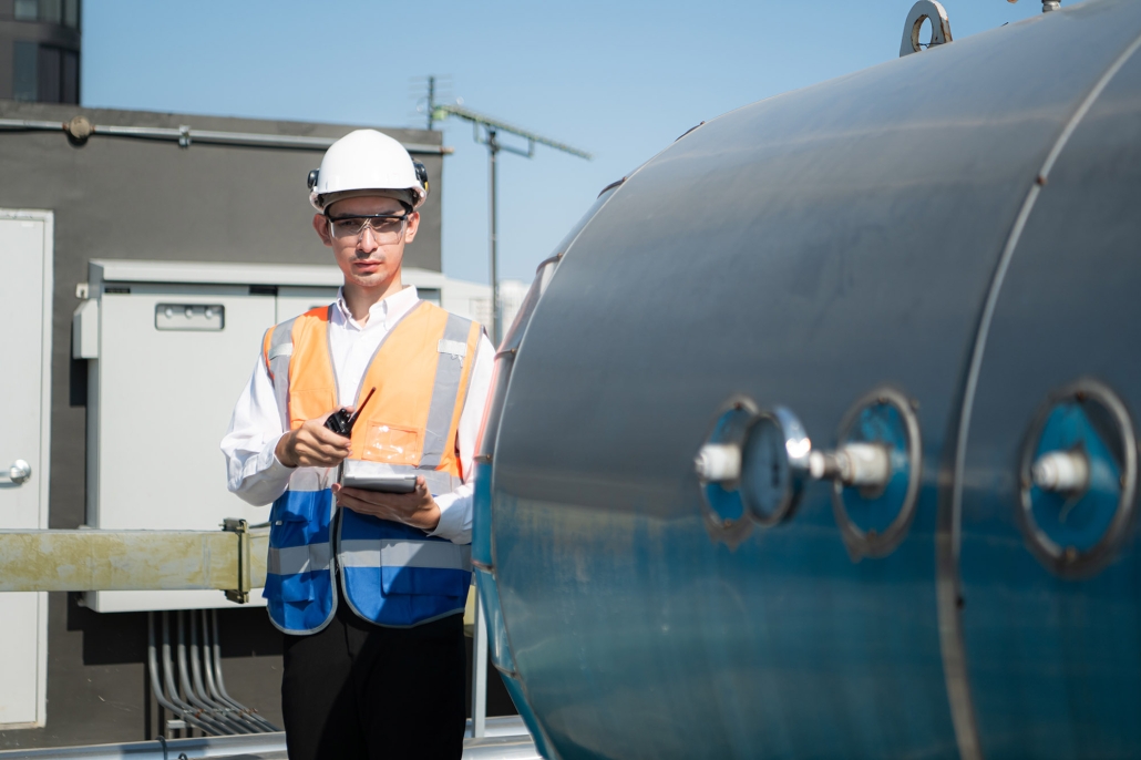 Engineers inspect the completed air conditioning and water syste