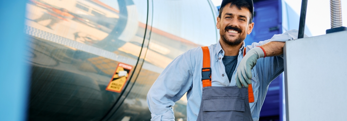 man smiling by propane truck